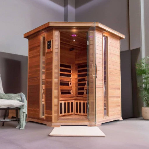 Bristol Bay 4 Person Corner Infrared Sauna - Canadian Red Cedar