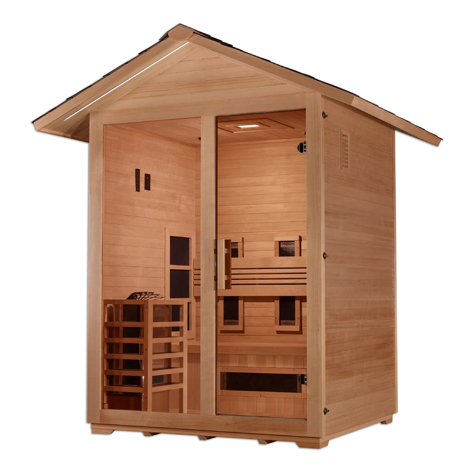 "Carinthia" 3 Person Hybrid (PureTech™ Full Spectrum IR or Traditional Stove) Outdoor Sauna - Canadian Hemlock - PRE-ORDER - "150off" for $150 Discount