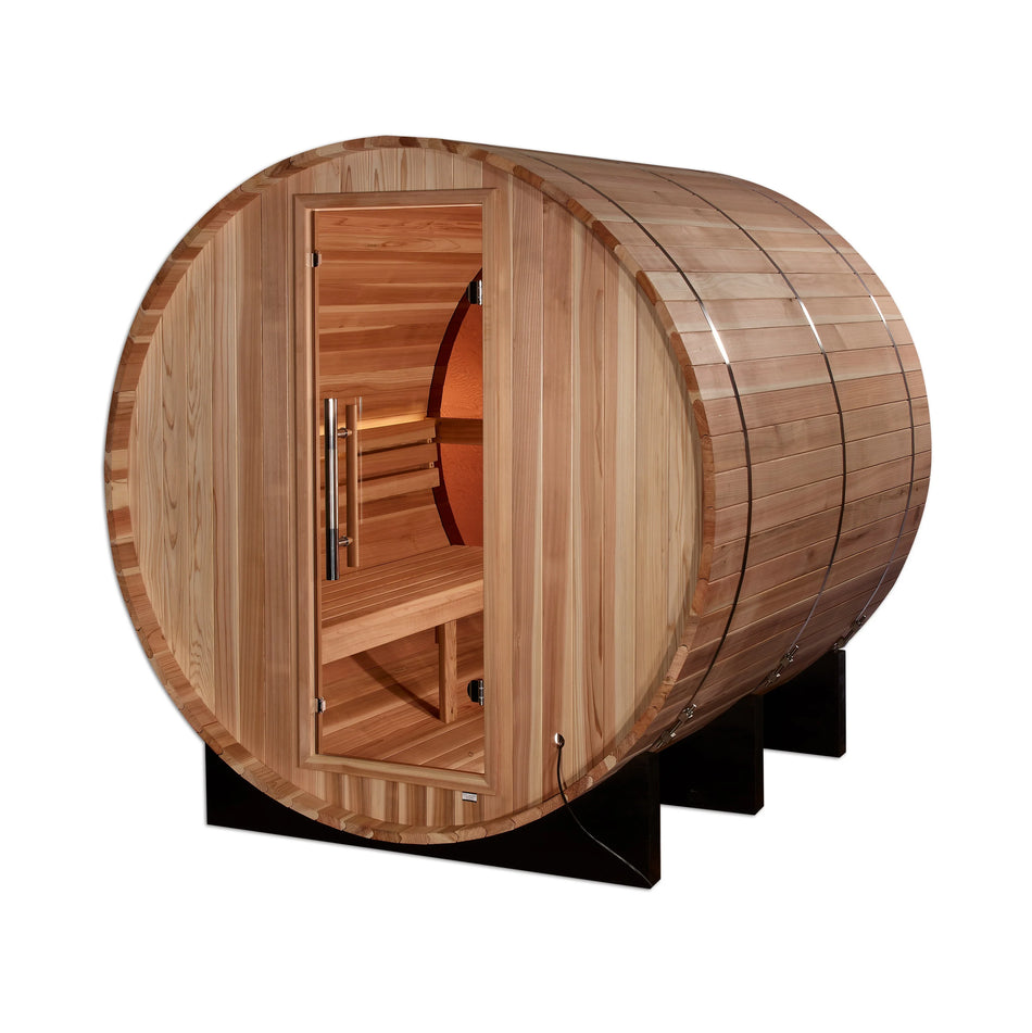 "Zurich" 4 Person Barrel with Bronze Privacy View - Traditional Sauna - Pacific Cedar - IN STOCK - "150off" for $150 Discount
